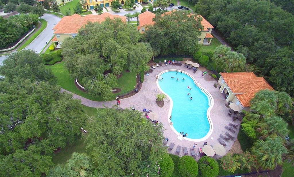 An aerial view of a community swimming pool surrounded by trees, lounge chairs, and buildings — 5149 ADELAIDE DRIVE, KISSIMMEE, FL