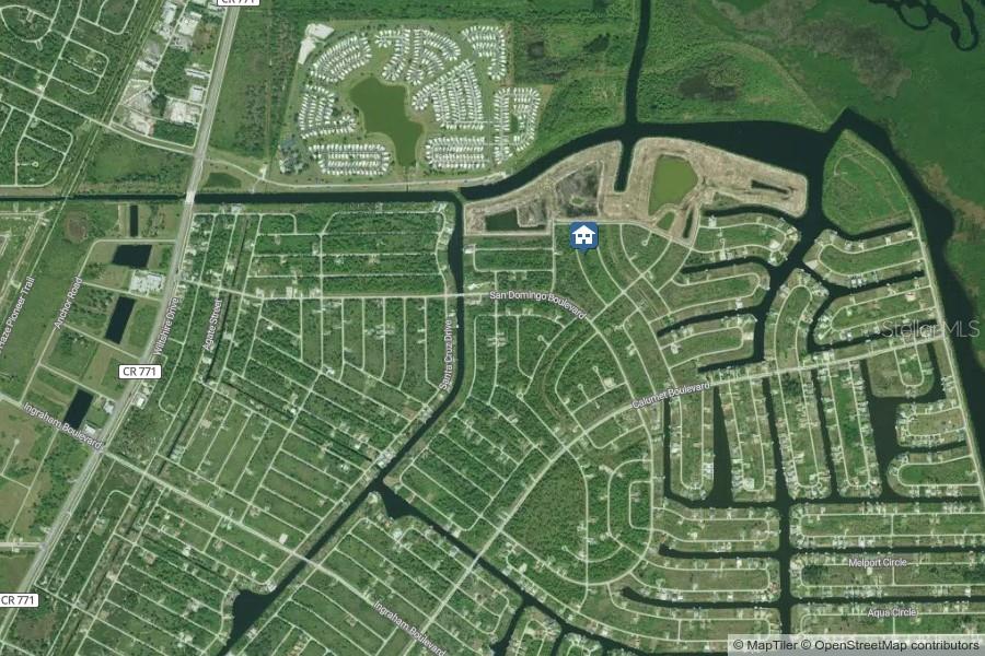 This is an aerial map showing a residential neighborhood with canals and a house icon — 8078 THRUSO ROAD, PORT CHARLOTTE, FL