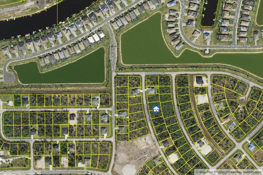 This is an aerial map showing residential lots, streets, and water features in a neighborhood — 8078 THRUSO ROAD, PORT CHARLOTTE, FL