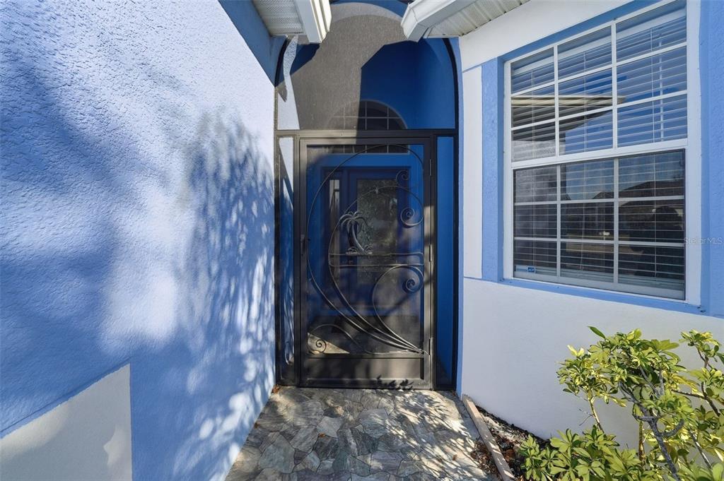 A blue stucco house exterior features a decorative metal screen door and stone entryway — 13230 GRAHAM YARDEN DRIVE, RIVERVIEW, FL
