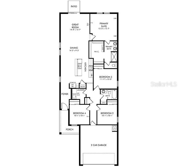 This floor plan shows a four-bedroom, two-bathroom home with a two-car garage and rear patio — 7938 LAKE POWELL PLACE, PARRISH, FL