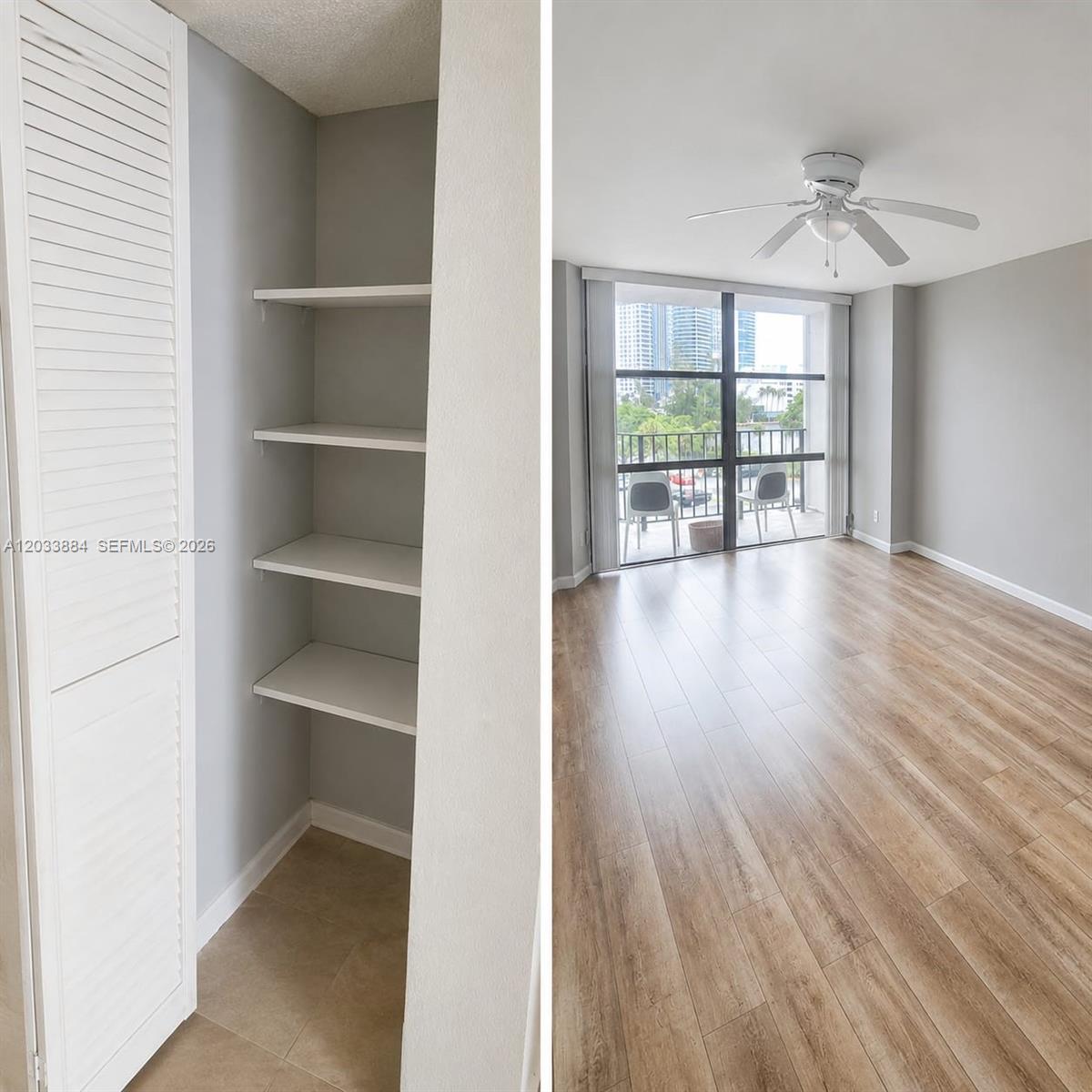 This image shows a closet with white shelves and a living area with wood flooring — 800 Parkview Dr # 512, Hallandale Beach FL 33009, HALLANDALE BEACH, FL