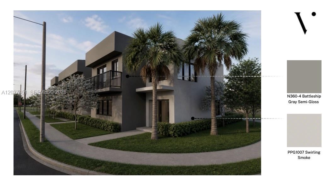 This rendering shows a modern two-story townhouse with gray exterior walls and palm trees — 6480 NE 1st Ave # 6480, Miami FL 33150, MIAMI, FL
