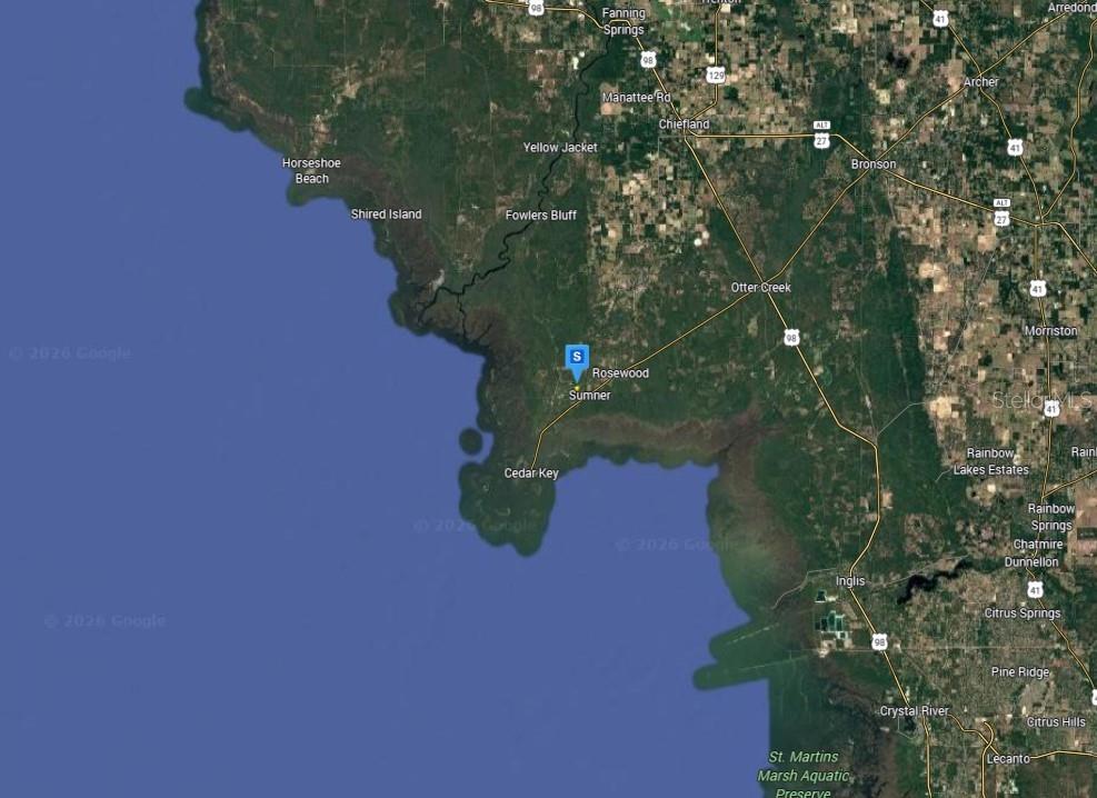 This is a satellite map showing the coastal region of Florida near Cedar Key — 7101 SW 125TH AVENUE, CEDAR KEY, FL