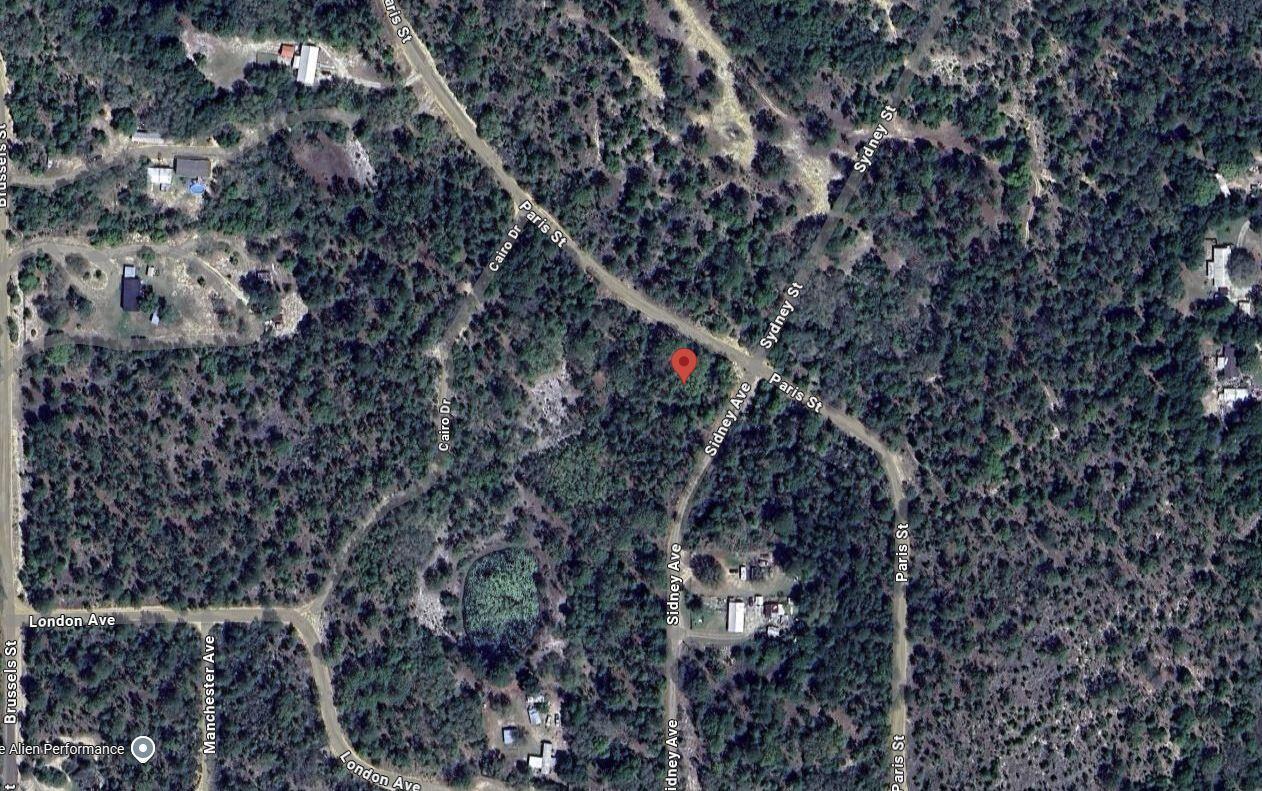 This is an aerial map view of a wooded area with intersecting residential streets — 187 Paris Street, FL 32148, FL