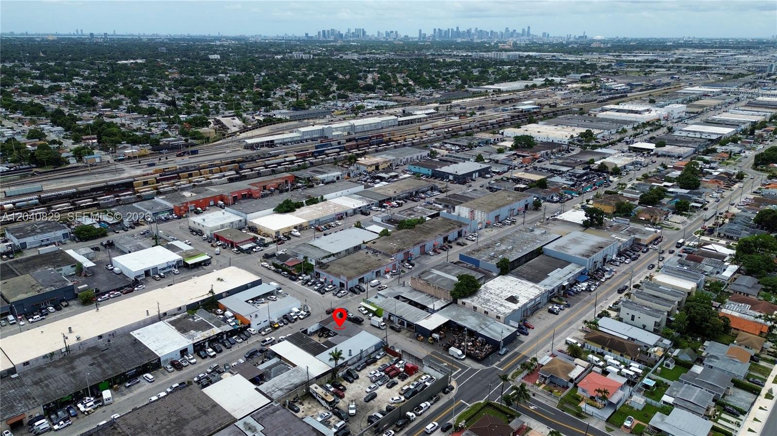 An aerial view shows a commercial building with a red location pin in an industrial area — 1025 E 45th St, Hialeah FL 33013, HIALEAH, FL