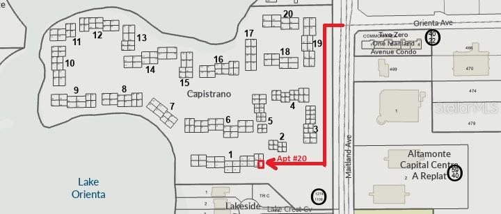 This map shows the layout of the Capistrano apartment complex with a highlighted route — 200 MAITLAND AVENUE UNIT 20, ALTAMONTE SPRINGS, FL