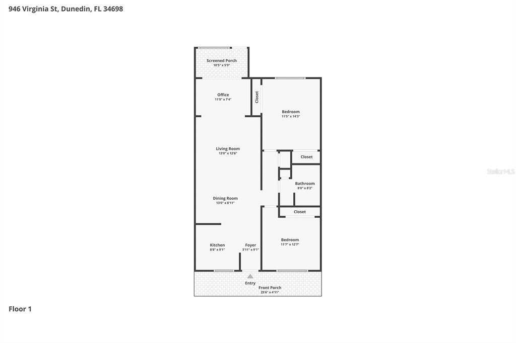 This is a floor plan for a single-story home with two bedrooms and two porches — 946 VIRGINIA STREET UNIT 107, DUNEDIN, FL