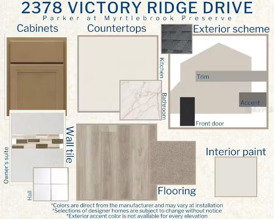This design board displays interior and exterior finish samples for a residential property — 2378 VICTORY RIDGE DRIVE, LAKELAND, FL