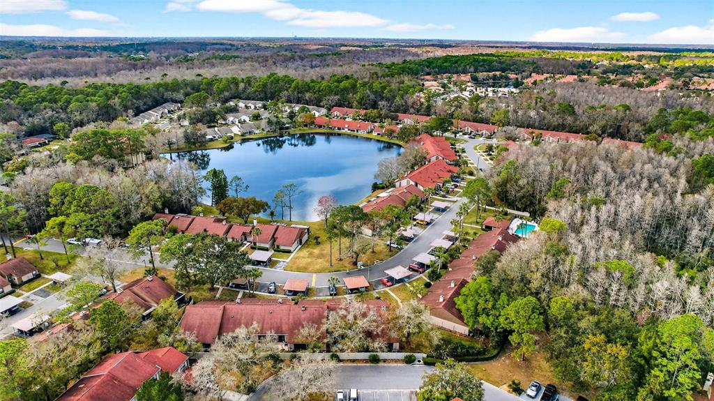 An aerial view shows a residential community with townhomes surrounding a central lake — 3409 HILL MOOR DRIVE, PALM HARBOR, FL