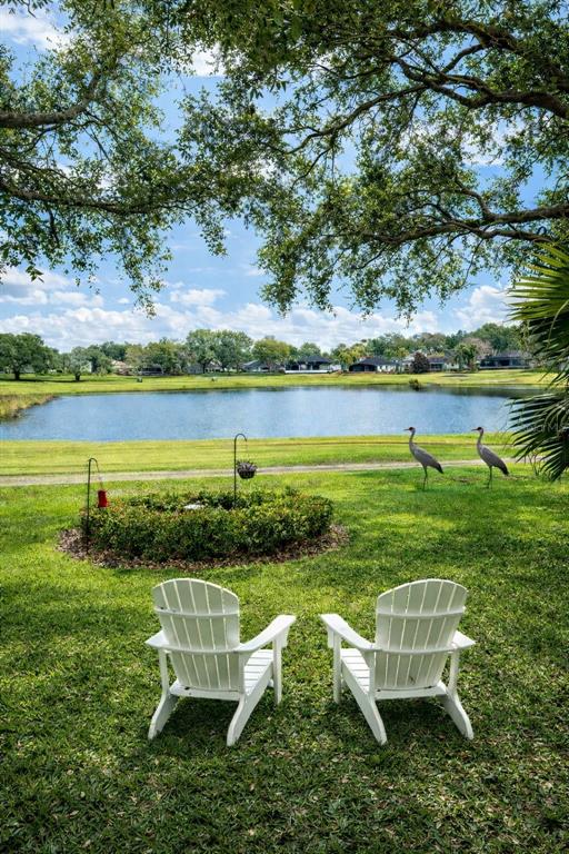 Two white Adirondack chairs face a lake in a grassy backyard with two crane statues — 14747 GREEN VALLEY BOULEVARD, CLERMONT, FL