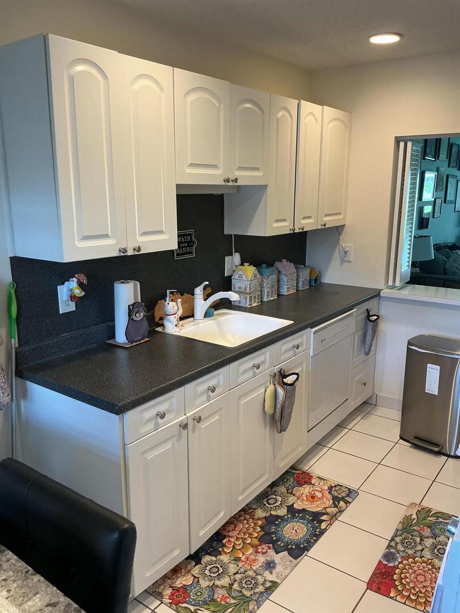 A kitchen features white cabinets, a dark countertop, a white sink, and floral floor rugs — 1580 NW 18th Avenue # B, Delray Beach FL 33445, DELRAY BEACH, FL