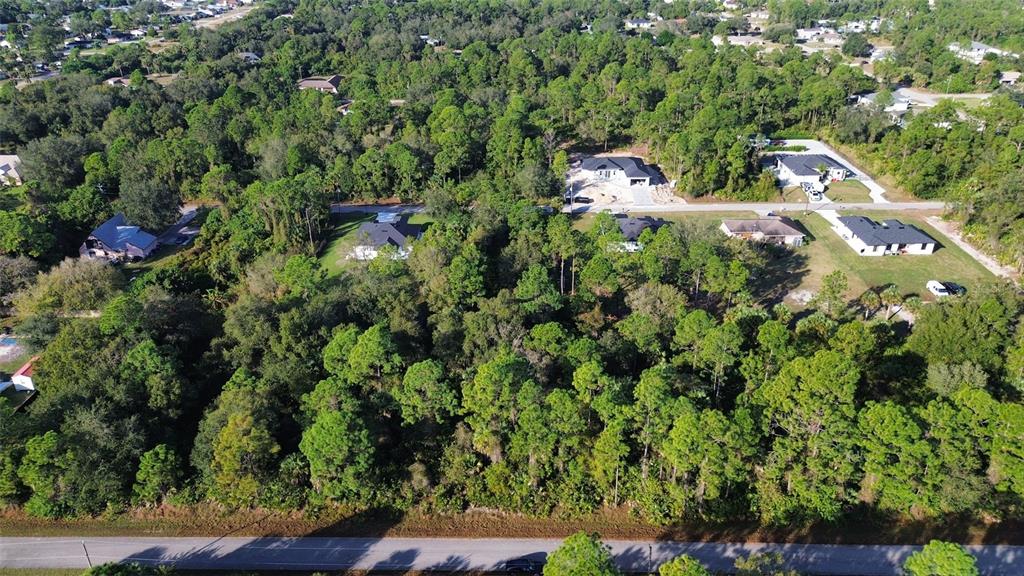 An aerial view shows several houses surrounded by dense trees and a paved road — 415 NORTH AVENUE, LEHIGH ACRES, FL