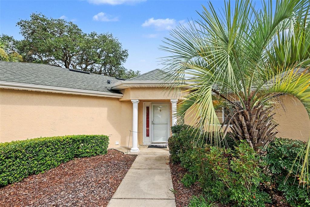 A concrete walkway leads to the front entrance of a house with a palm tree — 13646 SW 115TH AVENUE, DUNNELLON, FL