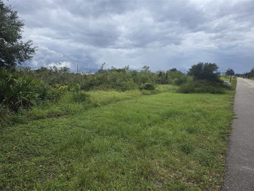 A grassy, undeveloped lot sits beside a paved road under a cloudy sky — 2605 70TH STREET W, LEHIGH ACRES, FL