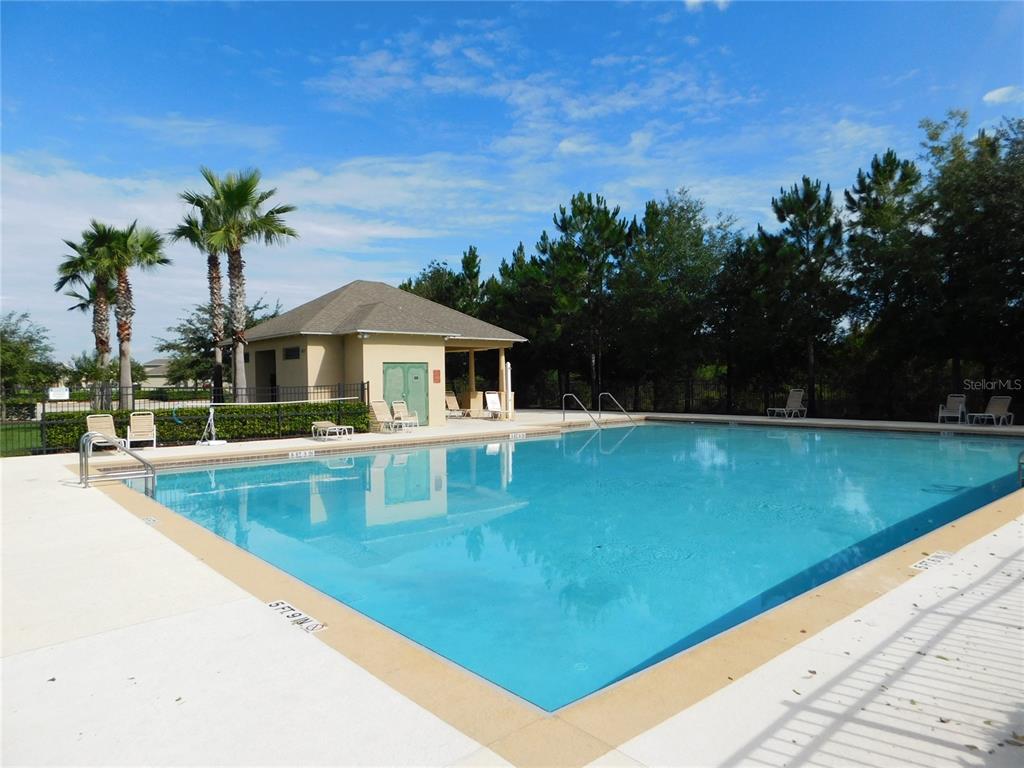 A rectangular outdoor swimming pool sits beside a small building with palm trees nearby — 2981 TOMORROW DRIVE, KISSIMMEE, FL