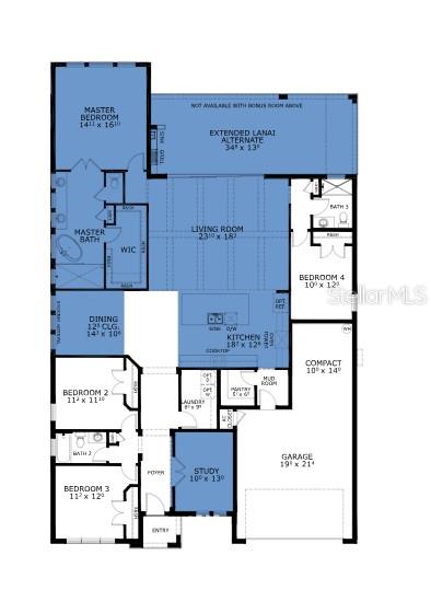 This is a floor plan for a single-story house featuring four bedrooms, a study, and a garage — 9 BROADWATER ROAD, ORMOND BEACH, FL