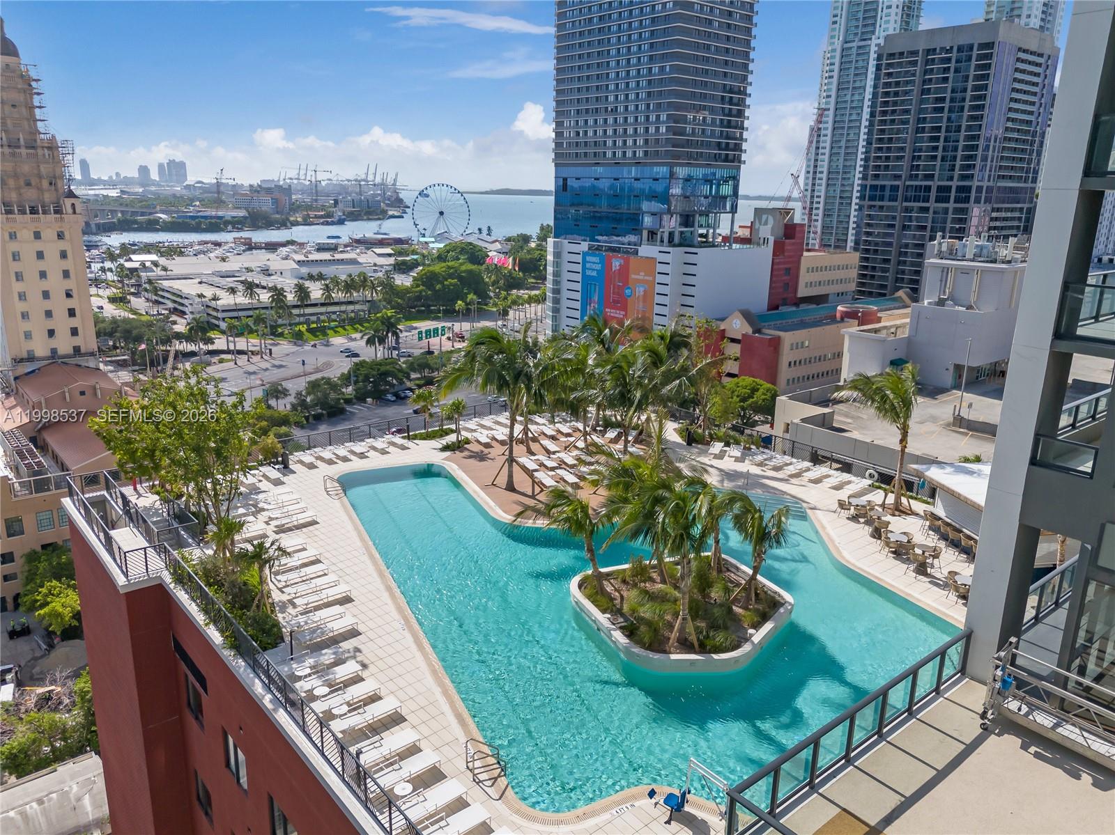An elevated view of a rooftop swimming pool with a central island of palm trees — 159 NE 6th St # 2403, Miami FL 33132, MIAMI, FL