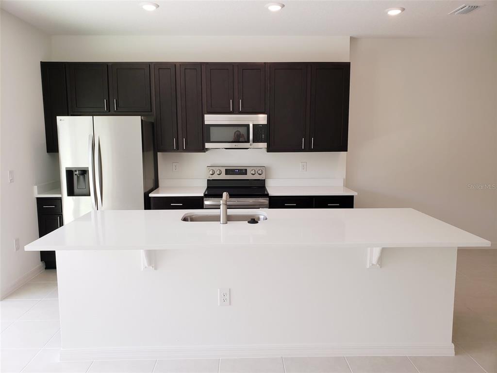 A kitchen features dark wood cabinets, stainless steel appliances, and a large white quartz island — 729 MAPLE OAK DRIVE, DELAND, FL
