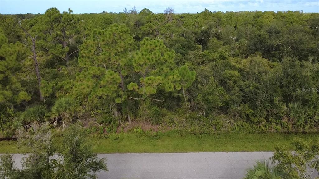An aerial view shows a paved road bordering a dense, wooded lot with pine trees — 4153, 4145, and 4137 SIMS STREET, PORT CHARLOTTE, FL