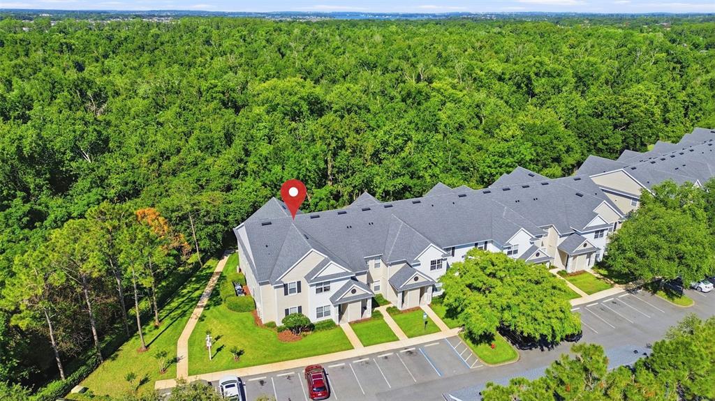 An aerial view shows a multi-unit residential building with a red location pin on top — 330 SOUTHERN PECAN CIRCLE UNIT 205, WINTER GARDEN, FL