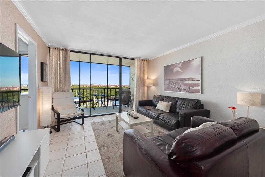 A living room features dark leather sofas, a white coffee table, and a balcony view — 1000 COVE CAY DRIVE UNIT 5E, CLEARWATER, FL
