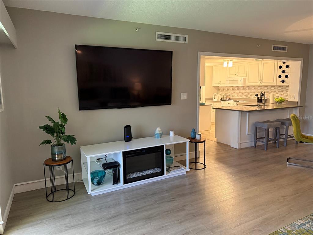 A living room features a wall-mounted television, a white media console, and an adjacent kitchen — 36750 US HIGHWAY 19 N UNIT 3-203, PALM HARBOR, FL