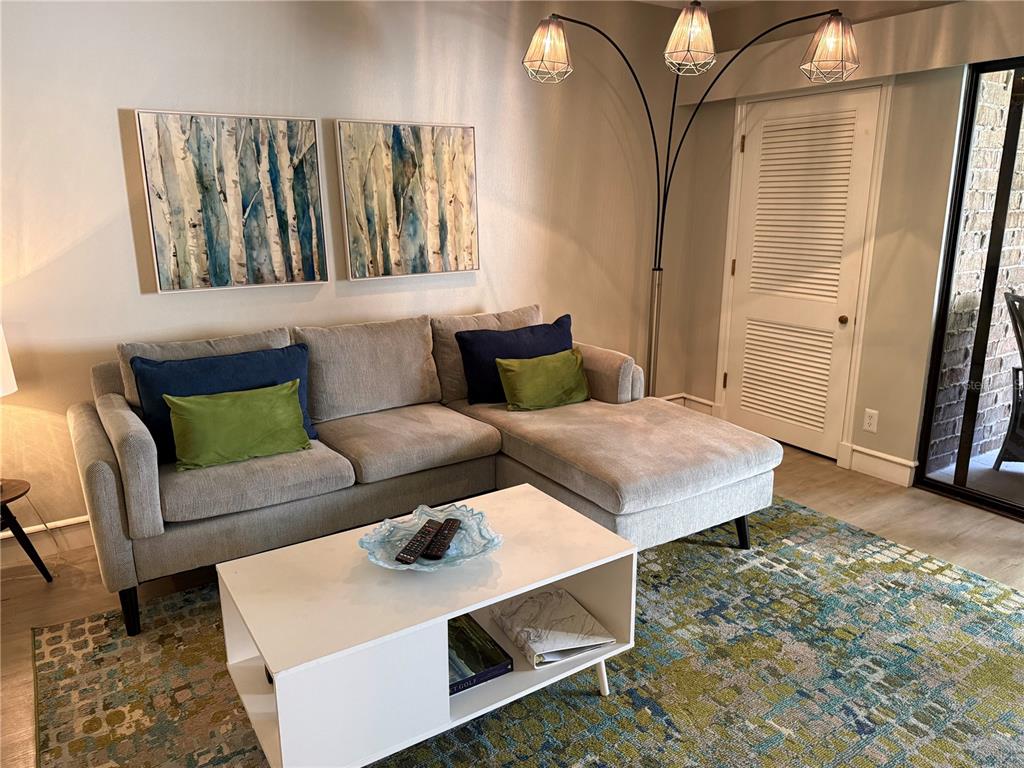 A living room features a gray sectional sofa, a white coffee table, and an arched lamp — 36750 US HIGHWAY 19 N UNIT 3-203, PALM HARBOR, FL