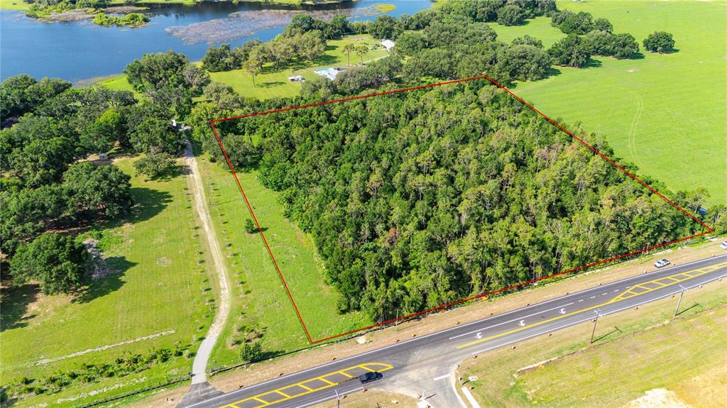 An aerial view shows a rectangular wooded lot outlined in red next to a road — 36126 SAINT JOE ROAD, DADE CITY, FL
