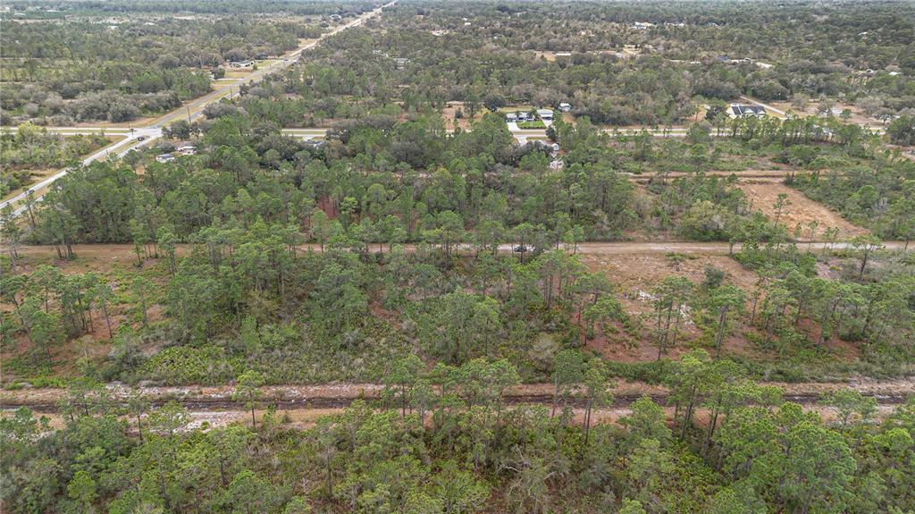 An aerial view shows a wooded, undeveloped plot of land with dirt roads and scattered trees — 209 EL DORADO DRIVE, INDIAN LAKE ESTATES, FL