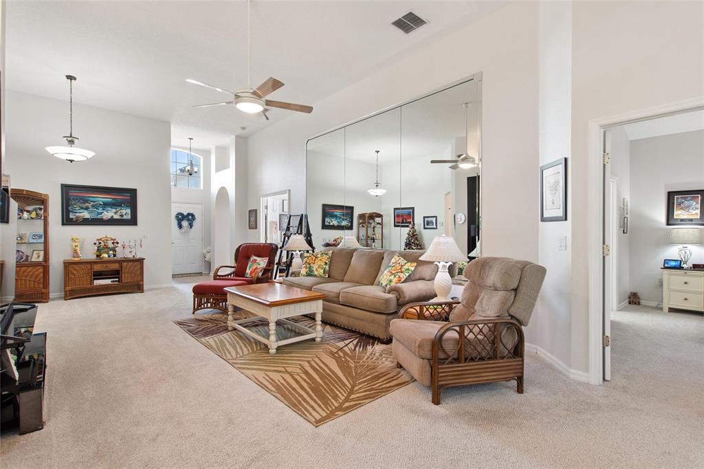 A living room features a large mirrored wall, a beige sofa, and a patterned area rug — 215 FITZGERALD LN, DAVENPORT, FL