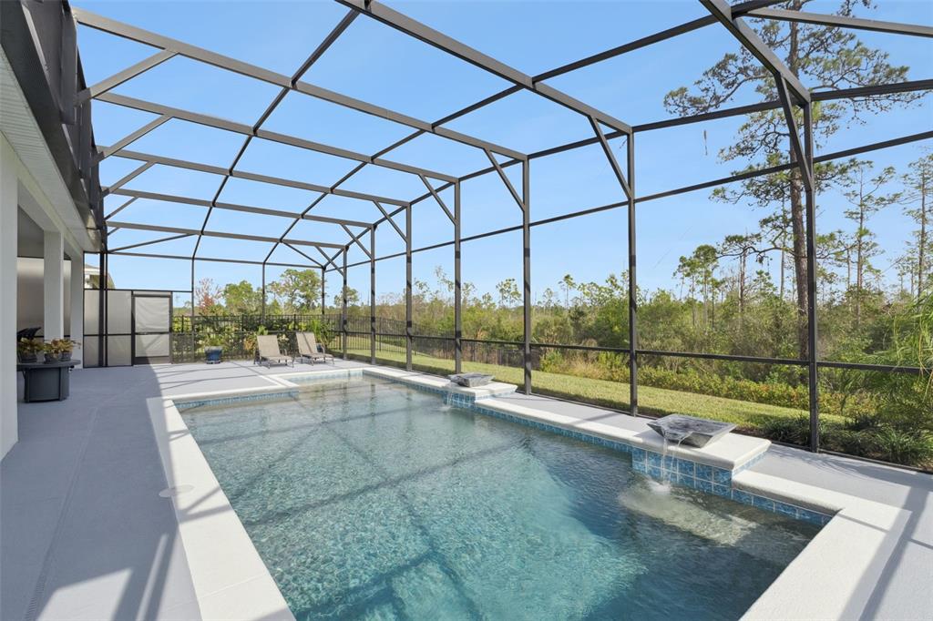 A swimming pool with two water features sits inside a screened-in patio enclosure — 2745 NATURE VIEW ROAD, ST CLOUD, FL