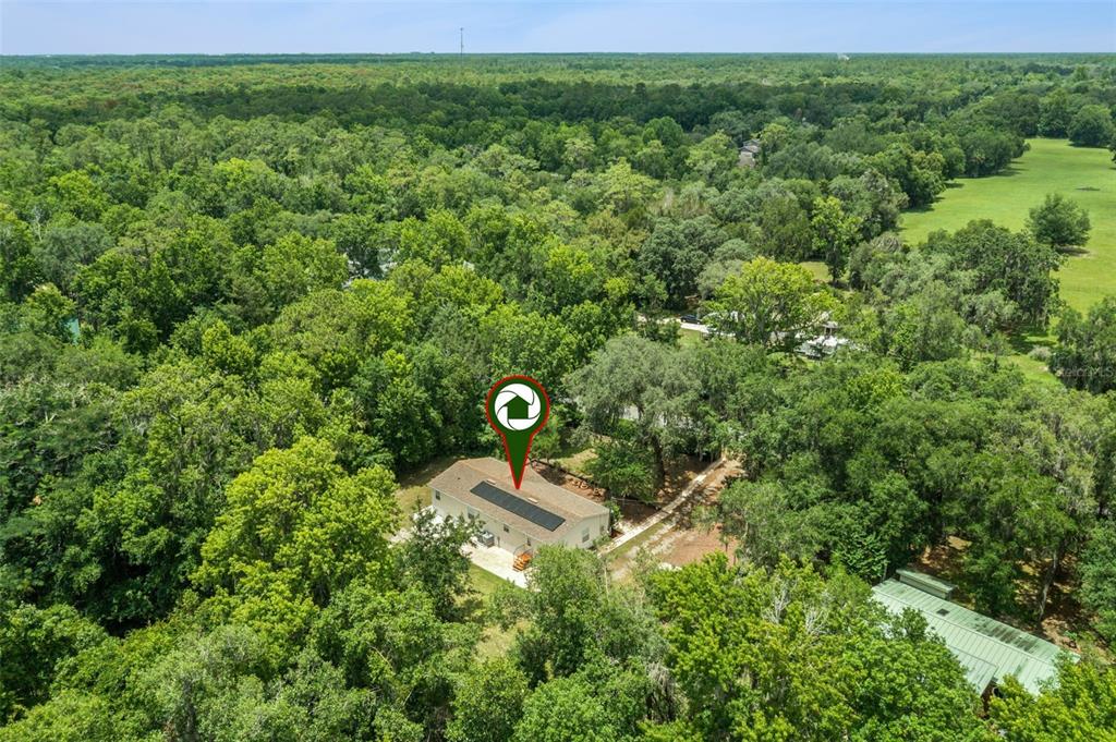 An aerial view shows a single-story house with solar panels surrounded by dense green trees — 16250 HAMILTON DR, ORLANDO, FL