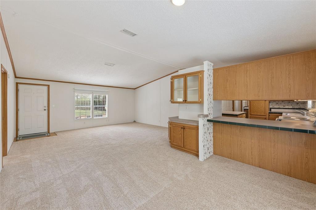 A carpeted living room features a breakfast bar, wood cabinets, and a white entry door — 16250 HAMILTON DR, ORLANDO, FL