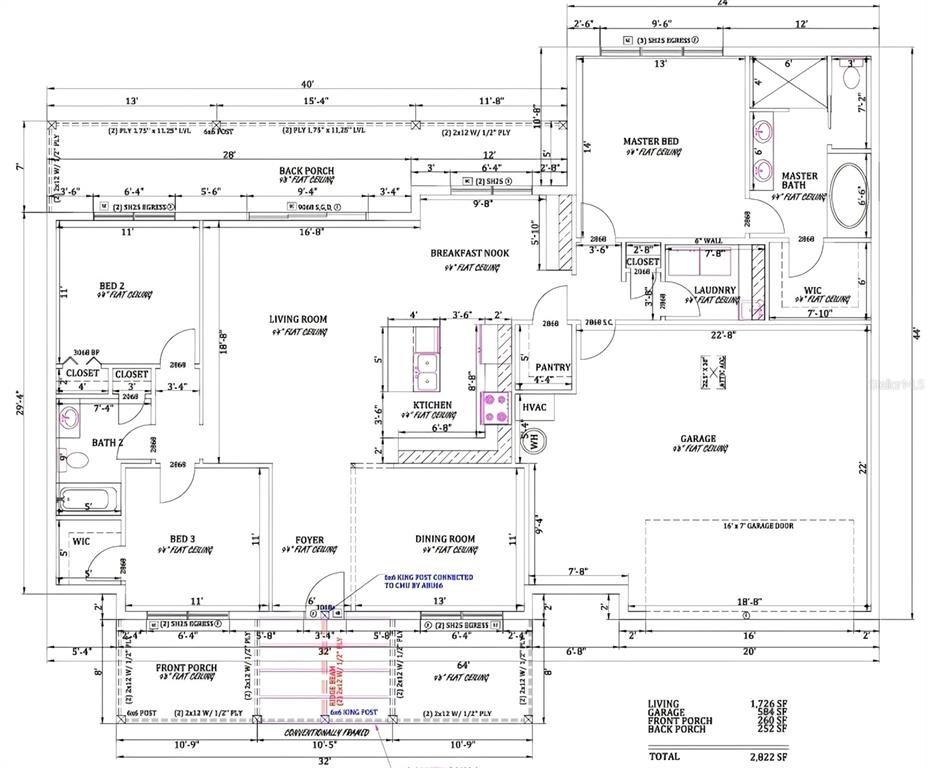 This floor plan shows a three-bedroom house with a garage, porches, and open living areas — 8211 N SANTOS DRIVE, CITRUS SPRINGS, FL