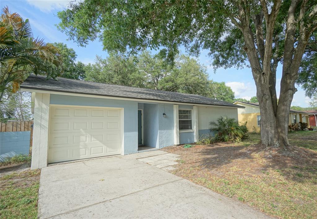 A light blue single-story house with a white garage door and a concrete driveway — 5117 ELLENDALE AVENUE, TAMPA, FL