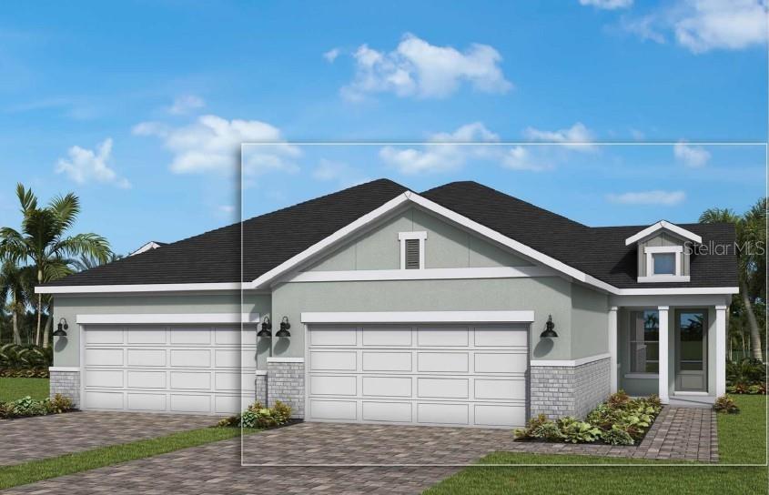 This is a digital rendering of a single-story home with a three-car garage and stone accents — 2820 MARRAKESH LANE, SARASOTA, FL