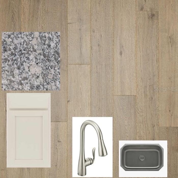 This design board displays samples of light wood flooring, granite countertops, off-white cabinetry, and fixtures — 2820 MARRAKESH LANE, SARASOTA, FL