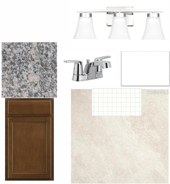 This image is a design board showing bathroom finishes, including cabinetry, granite, tile, and fixtures — 2820 MARRAKESH LANE, SARASOTA, FL