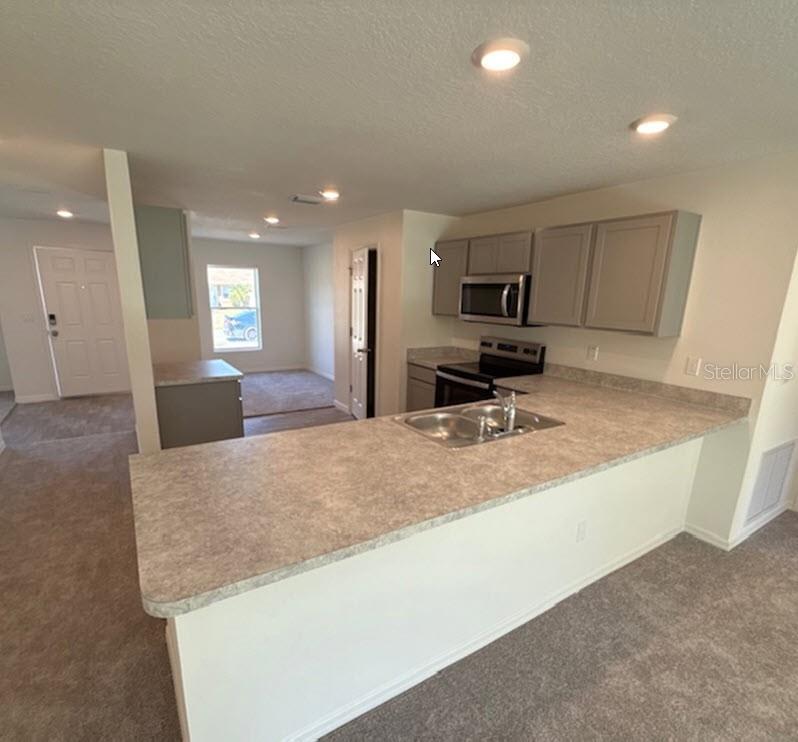 A kitchen with gray cabinets and a laminate countertop overlooks a carpeted living area — 42 PEPPERCORN LANE, PALM COAST, FL