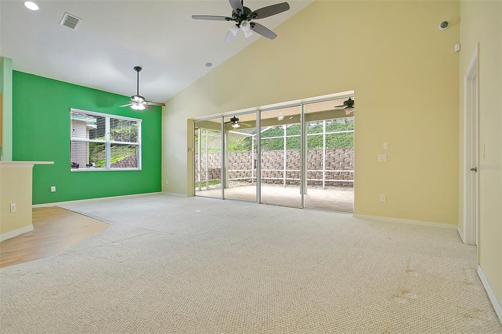 A living room with beige carpet, a green accent wall, and large sliding glass doors — 2197 CALEDONIAN STREET, CLERMONT, FL