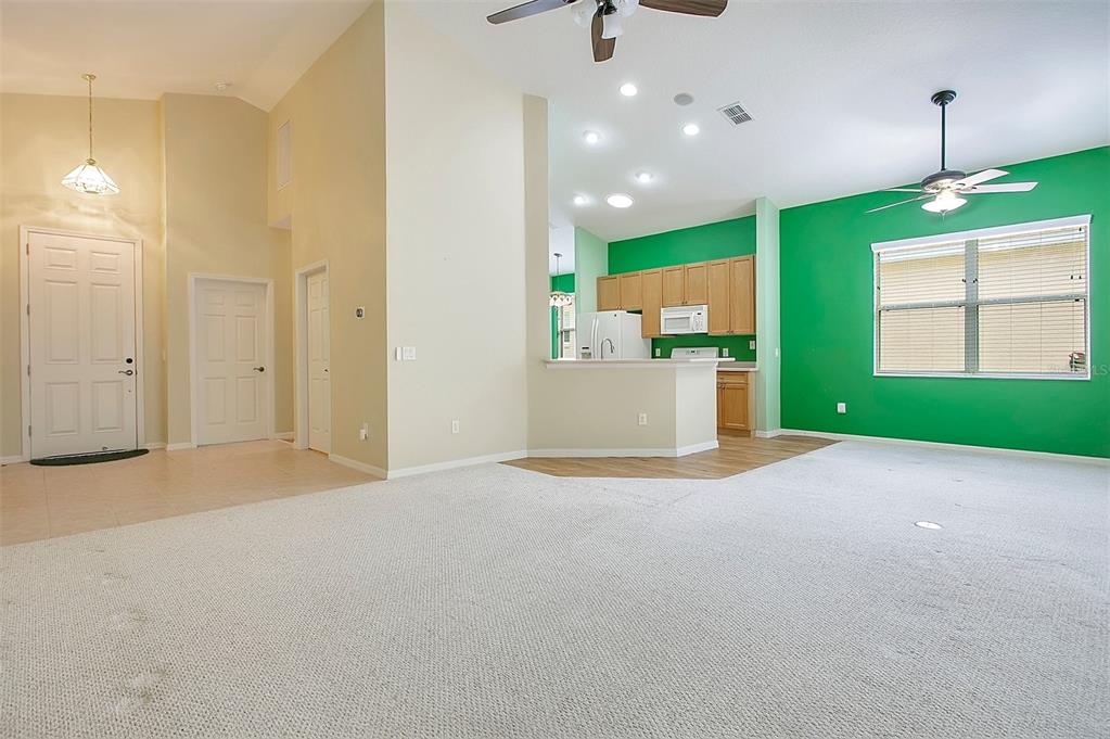A living room with beige carpet and a kitchen with green walls and wood cabinets — 2197 CALEDONIAN STREET, CLERMONT, FL