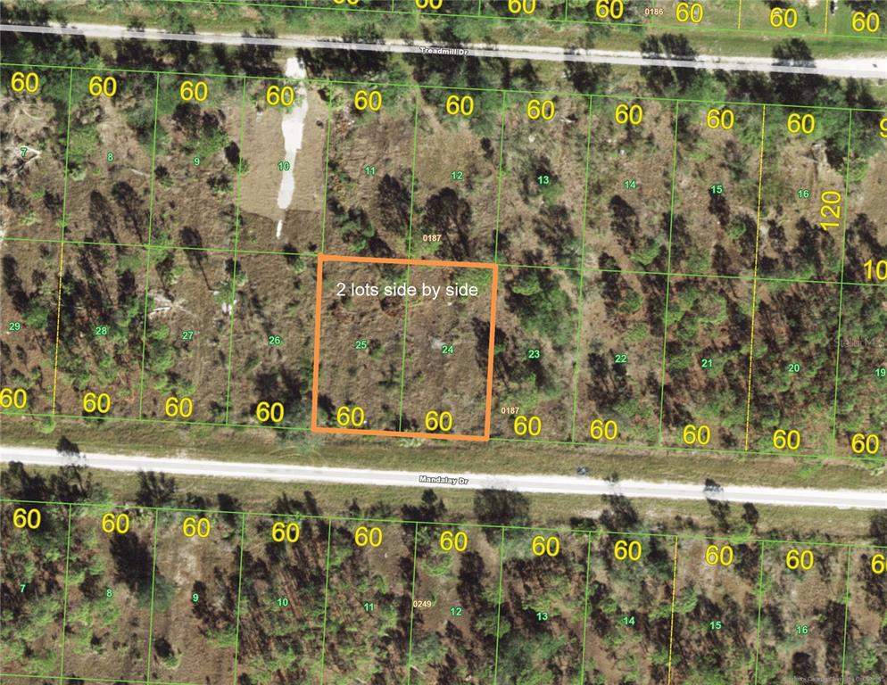 This is a map showing two adjacent rectangular land lots highlighted in orange — 27342-48 MANDALAY DRIVE, PUNTA GORDA, FL