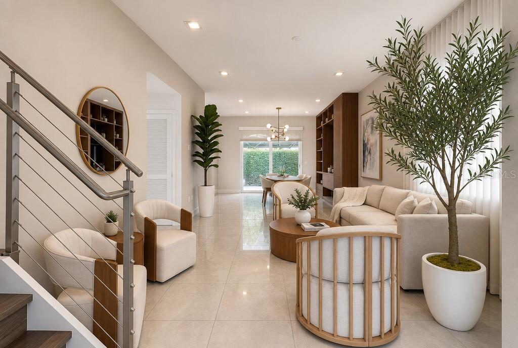 A modern, open-concept living and dining area features light tile floors, neutral furniture, and greenery — 10384 NW 67TH TER, DORAL, FL