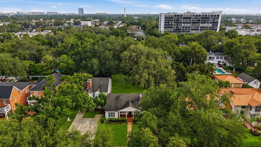 An aerial view shows a single-story house with a driveway surrounded by trees and neighborhood buildings — 3123 W OAKLYN AVENUE, TAMPA, FL
