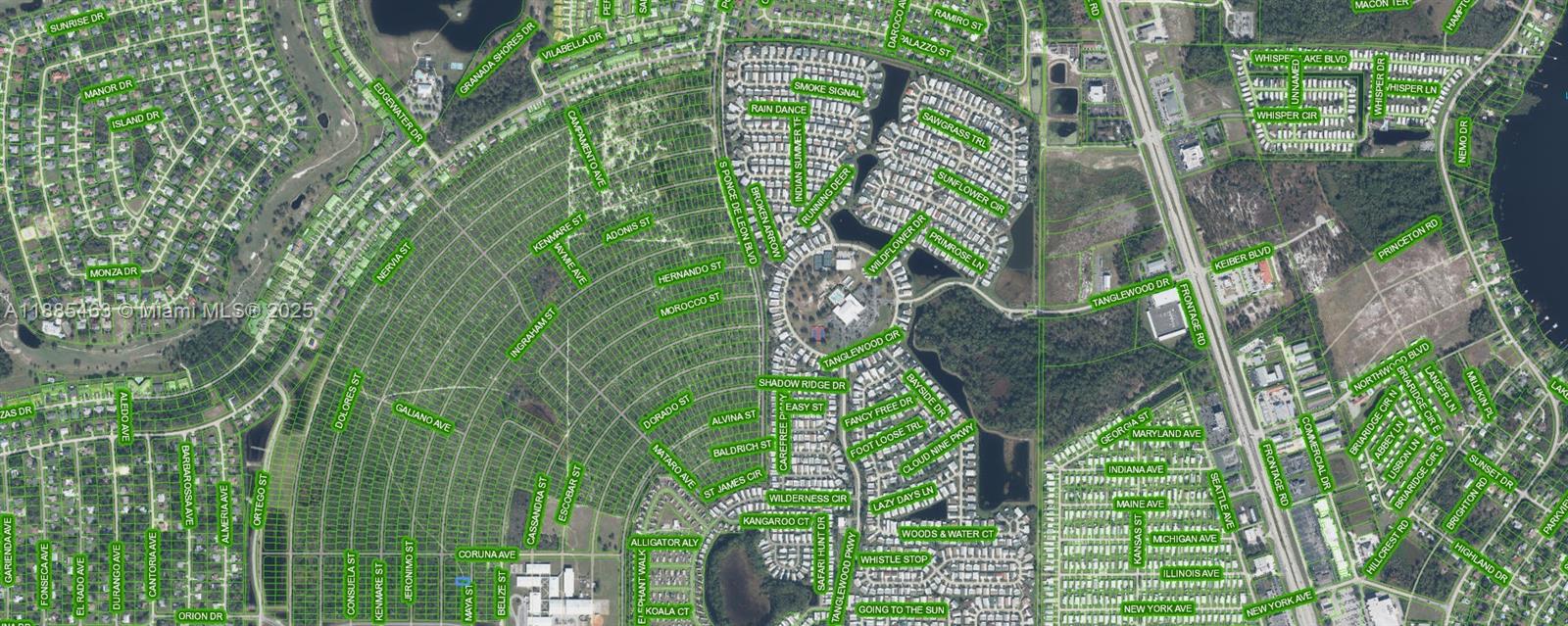 This is an aerial map view of a residential neighborhood with surrounding roads and vegetation — 4926 MAYA St, Sebring FL 33872, SEBRING, FL