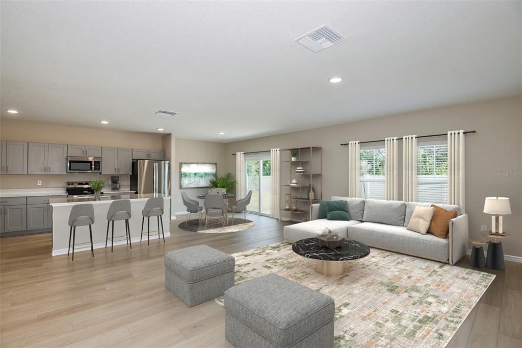 This is a digital rendering of an open-concept kitchen and living room with neutral finishes — 9110 BELLEVIEW FOREST PASS, DADE CITY, FL