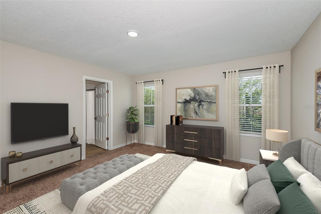 This is a digital rendering of a bedroom featuring a bed, television, and dresser — 9110 BELLEVIEW FOREST PASS, DADE CITY, FL