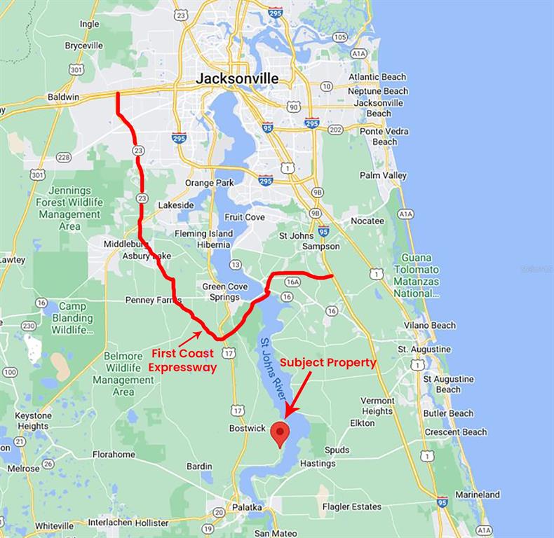 This is a map showing the location of a property relative to the First Coast Expressway — 859 W RIVER ROAD, PALATKA, FL