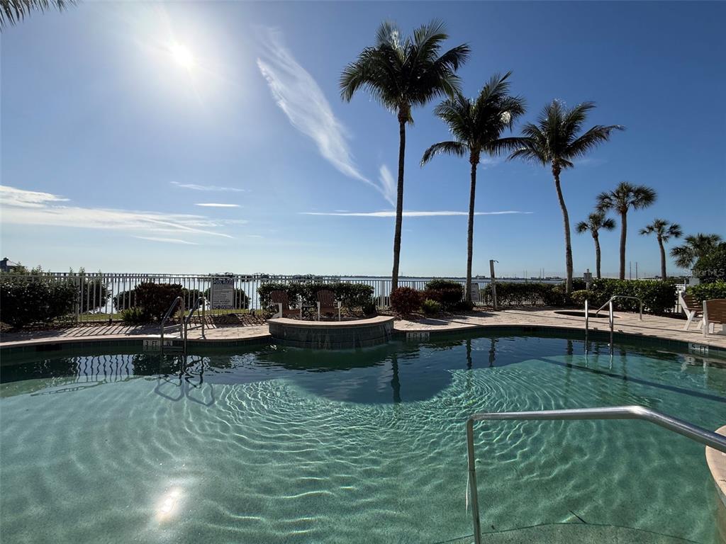 A swimming pool with a spillover spa overlooks a bay lined with palm trees — 5116 MELBOURNE STREET UNIT B-204, PORT CHARLOTTE, FL
